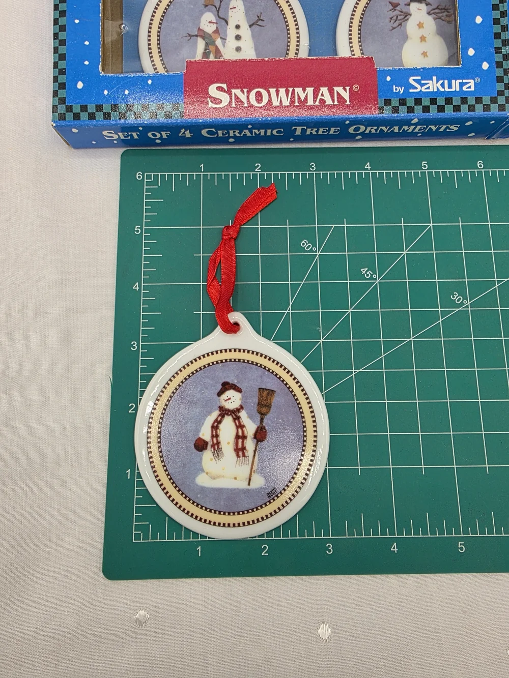 1998 Vintage Set of 4 Debbie Mumm Snowman Ceramic Christmas Tree Ornaments